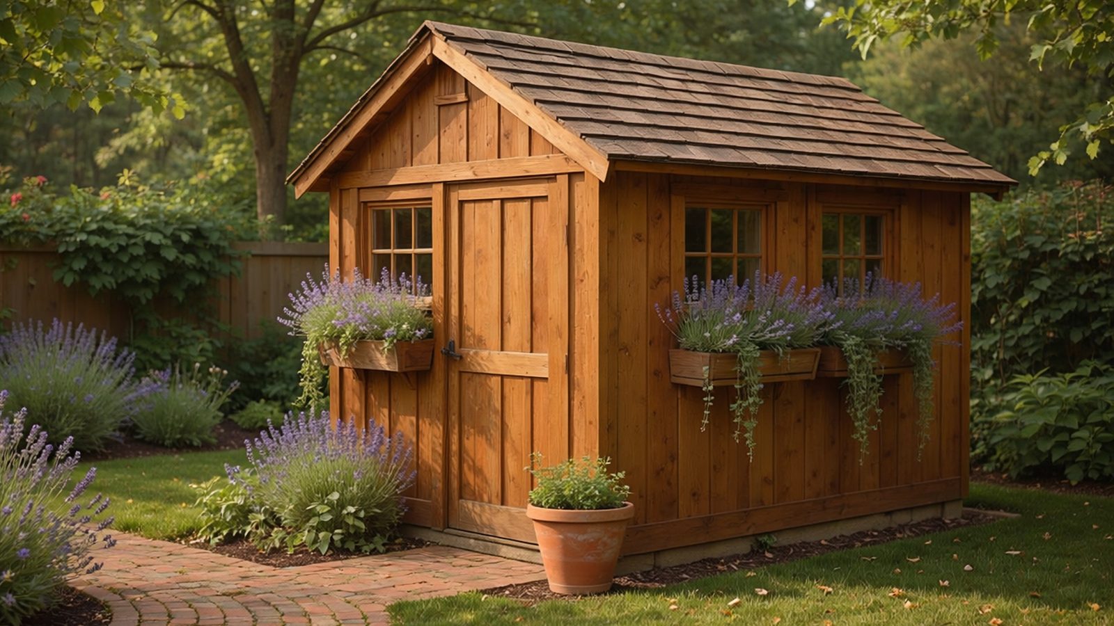 Cedar shed in a garden at late afternoon