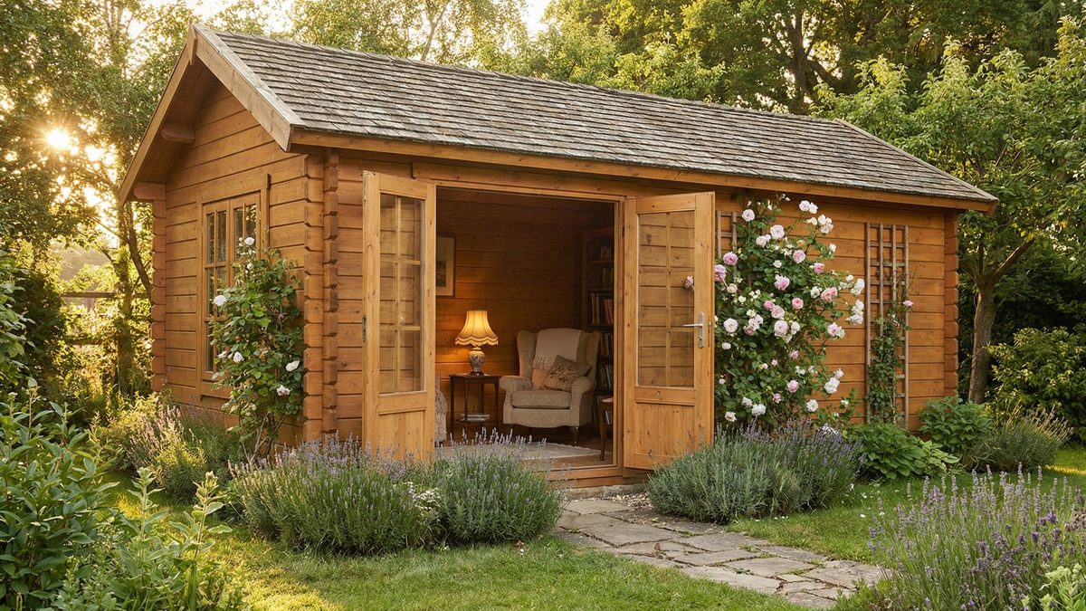 Finished log and timber shed used as a backyard cabin retreat