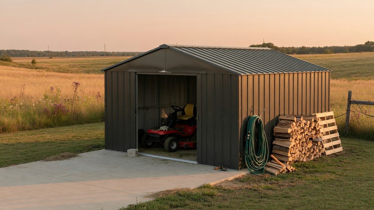 Anchored steel shed on a concrete pad with side door