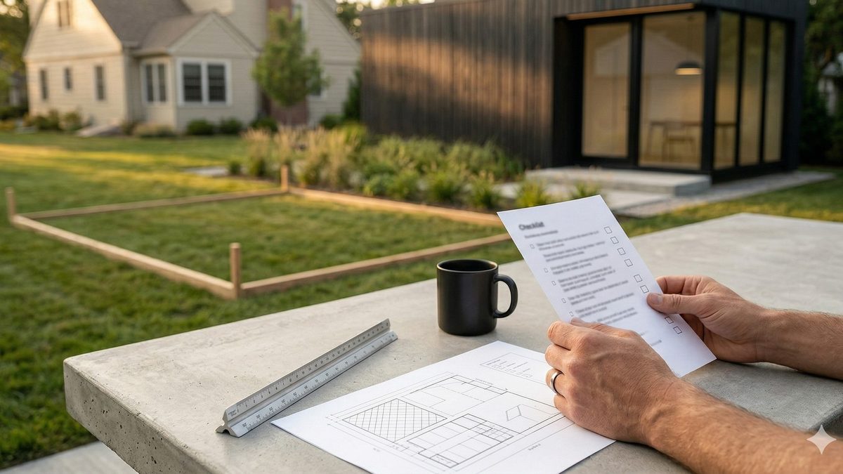 Buyer evaluating a modern studio shed at the price tier decision point