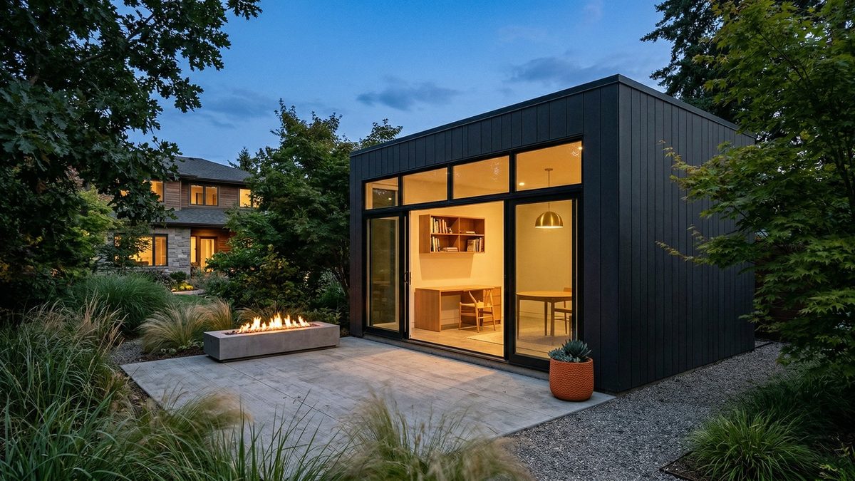 Finished modern studio shed used as a backyard office at golden hour