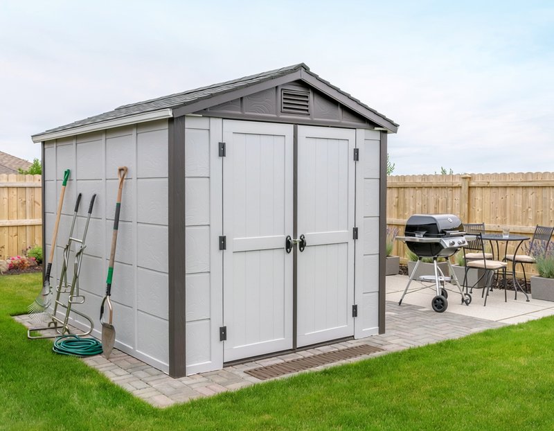 Modern plastic resin shed in clean backyard
