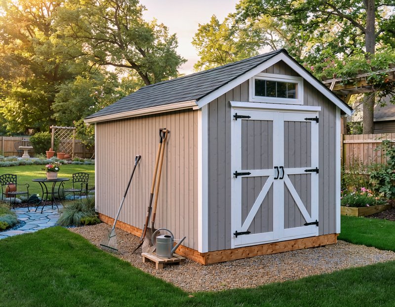 Wood frame shed with T1-11 siding in backyard